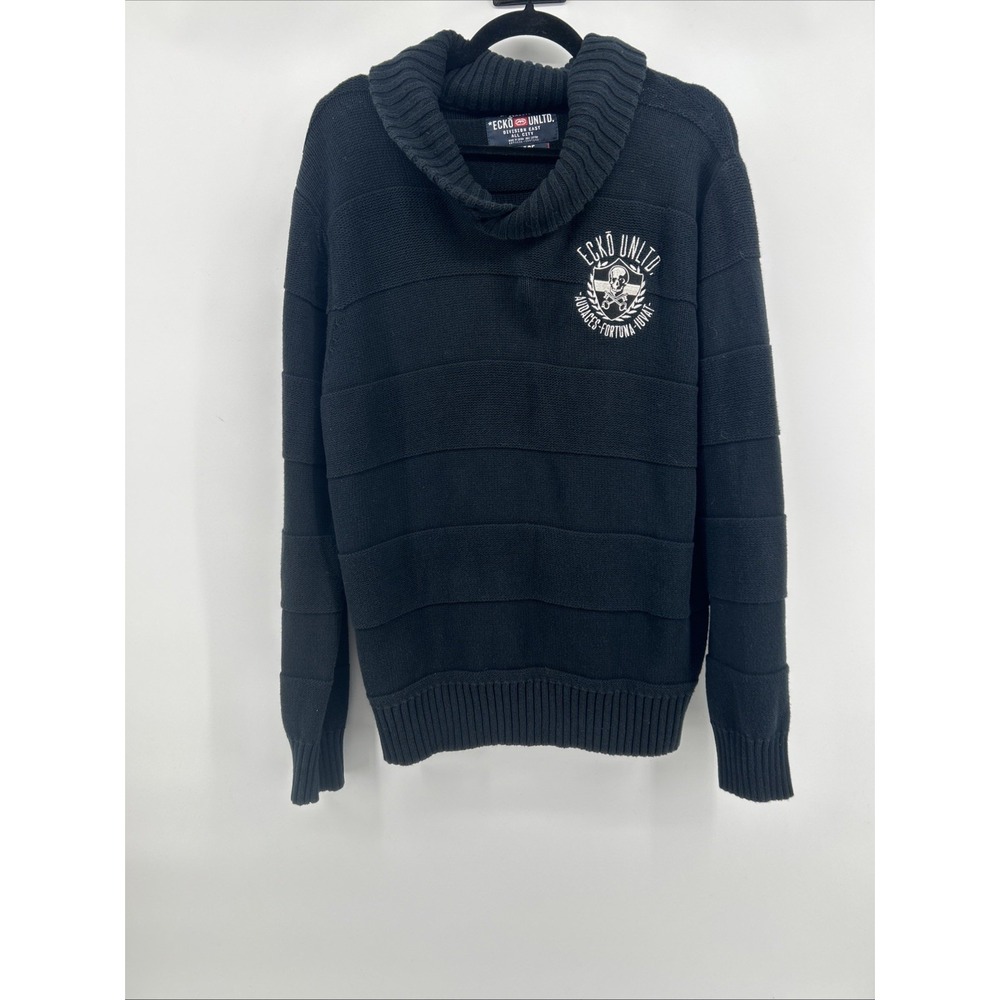 Vintage Ecko Unltd Y2K Black Knit Cowl Neck Sweater Skull Size L Skater Grunge